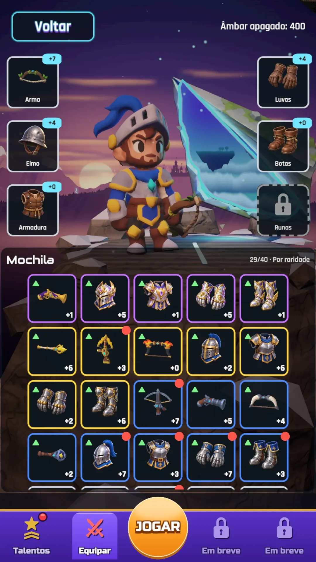 Menu Equipar com o Cavaleiro, armas, relíquias e runas.